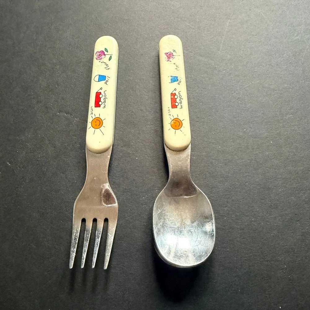 Anacapa Vintage Kids Fork and Spoon‎ Set Stainless Steel Sun Wagon Pail Flower